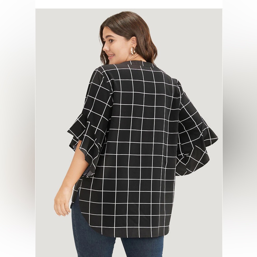 Nwt Plaid Notched Button Up Ruffle Sleeve Split H… - image 5